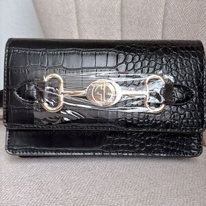 NWT Gianni Bernini Black Croc-Embossed Faux Leather Belt Bag